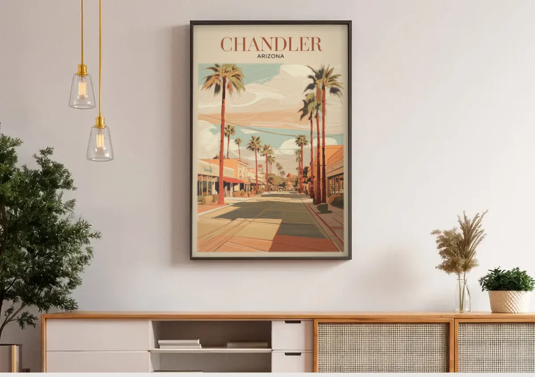 Chandler Downtown Streets canvas wall art above a wooden sideboard under pendant lights