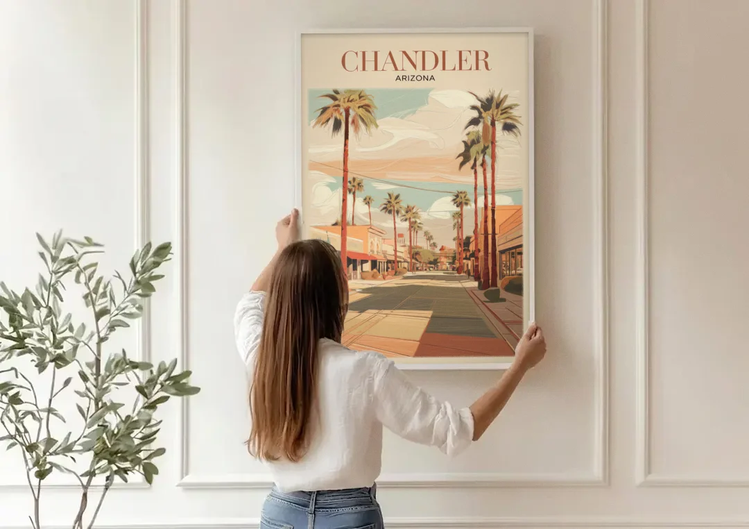 Chandler Downtown Streets canvas wall art being hung on a paneled wall