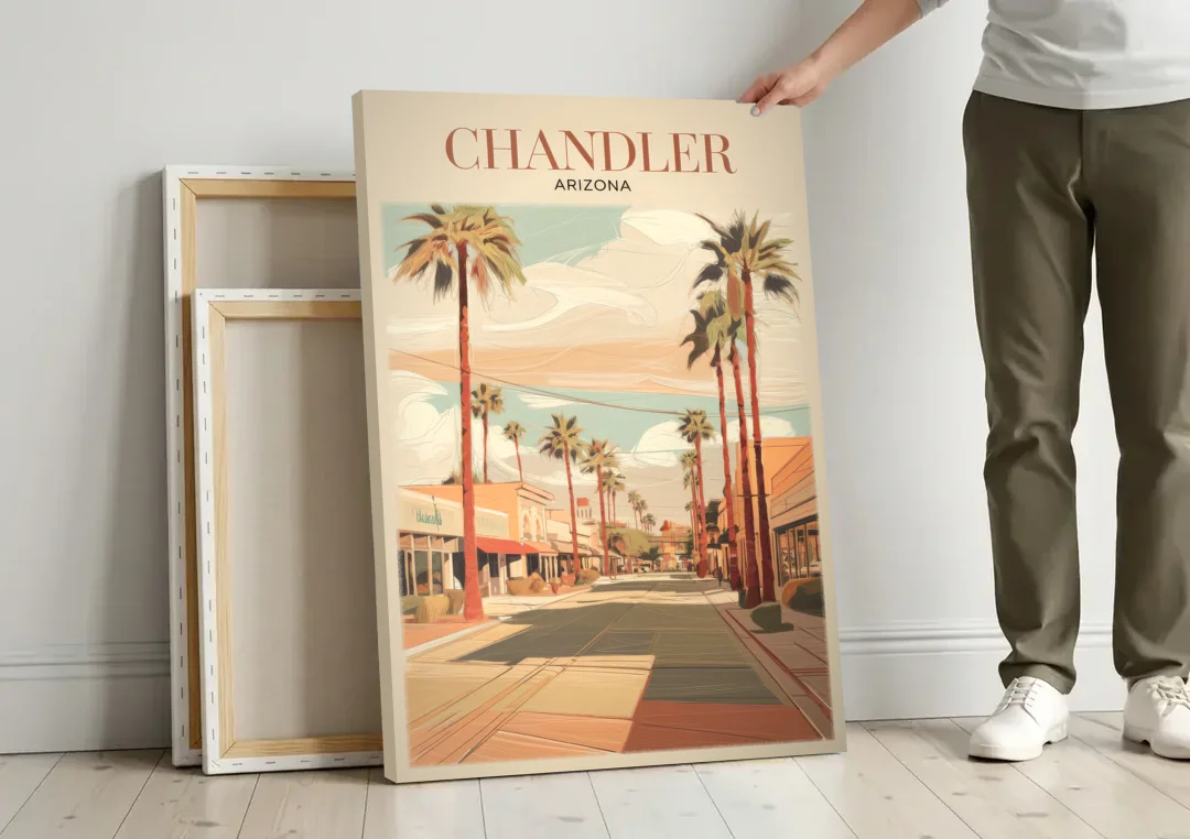 Chandler Downtown Streets canvas wall art leaning against a wall next to blank canvases