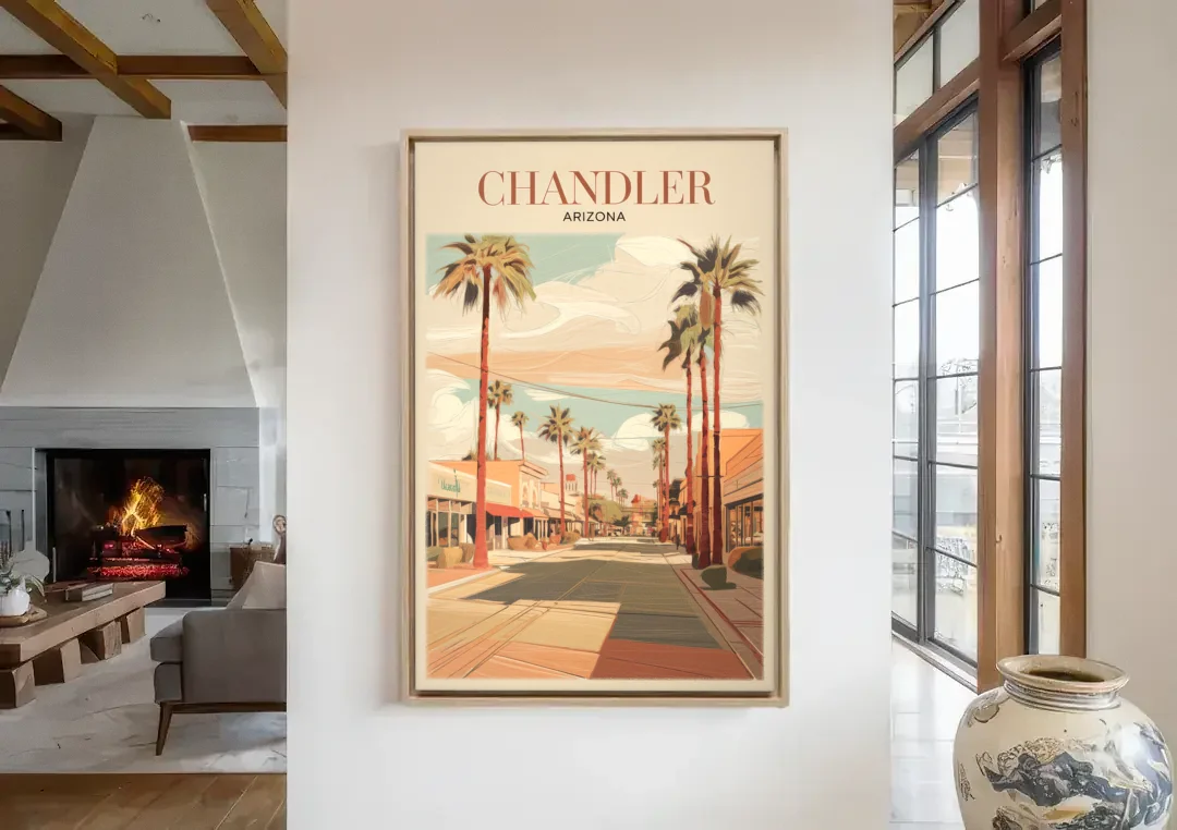 Chandler Downtown Streets canvas wall art in a living room with a fireplace