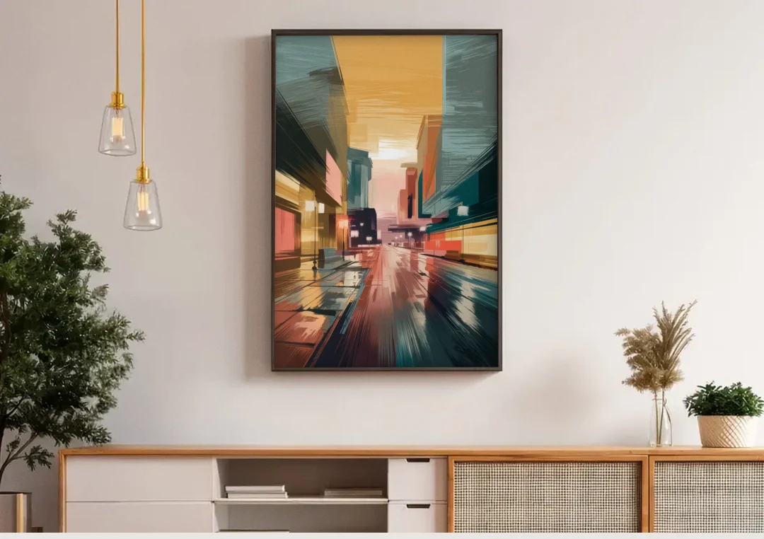 Chandler Scenic Landscape canvas wall art above a wooden sideboard under pendant lights