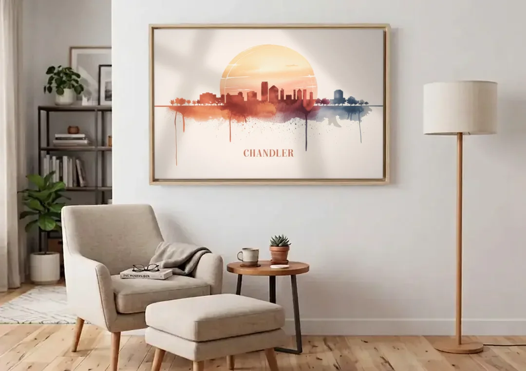 Chandler Skyline View canvas wall art above an armchair in a bright living room