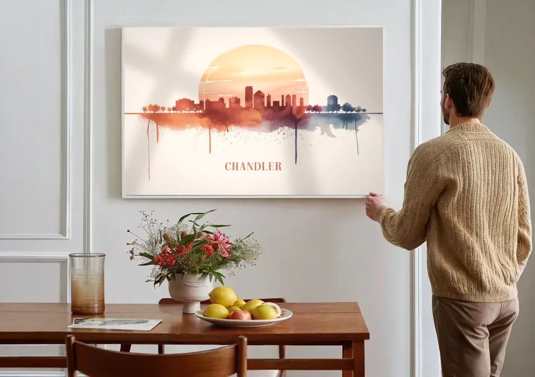 Chandler Skyline View canvas wall art above a dining table