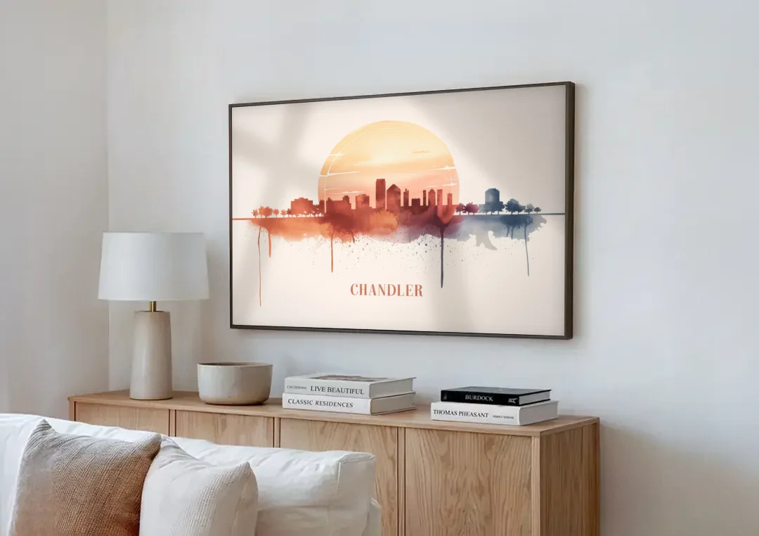Chandler Skyline View canvas wall art above a wooden sideboard next to a sofa
