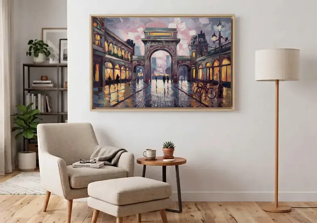 Chandler Urban Charm canvas wall art above an armchair in a bright living room