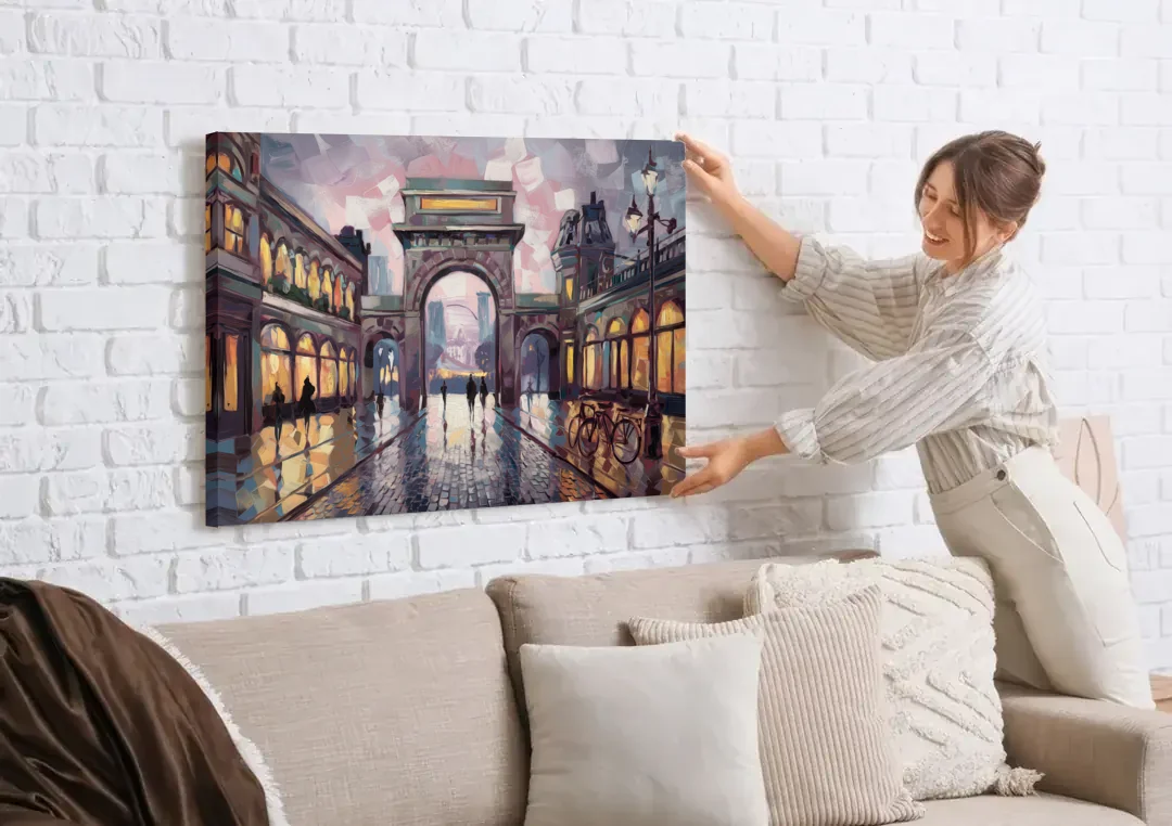 Chandler Urban Charm canvas wall art being hung on a white brick wall above a sofa