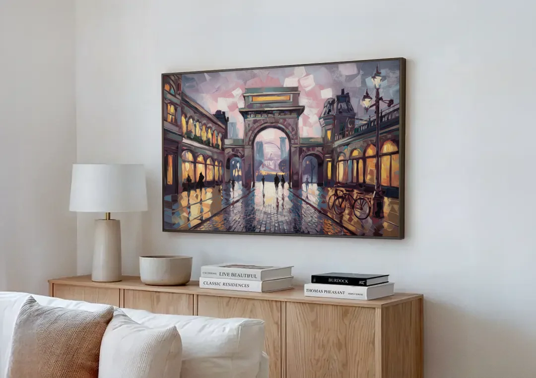 Chandler Urban Charm canvas wall art above a wooden sideboard next to a sofa