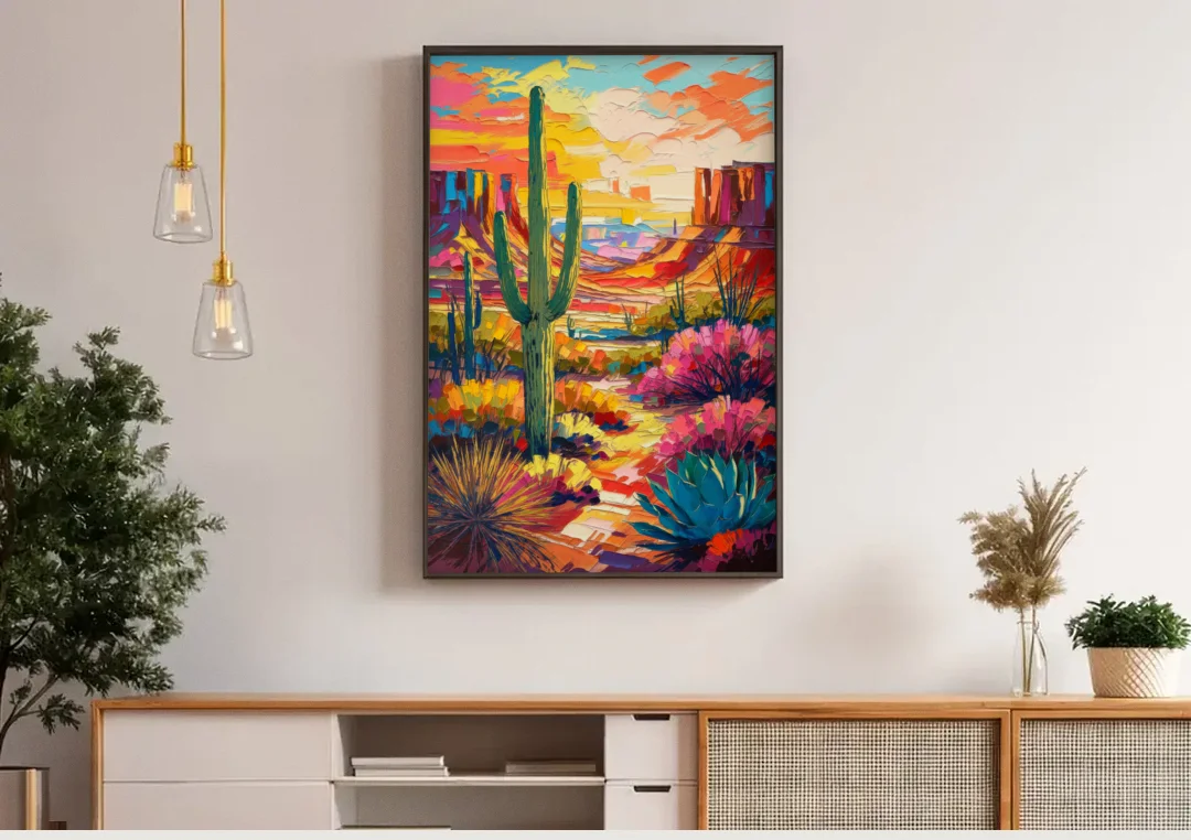 Chandler Vibrant Southwest canvas wall art above a wooden sideboard under pendant lights