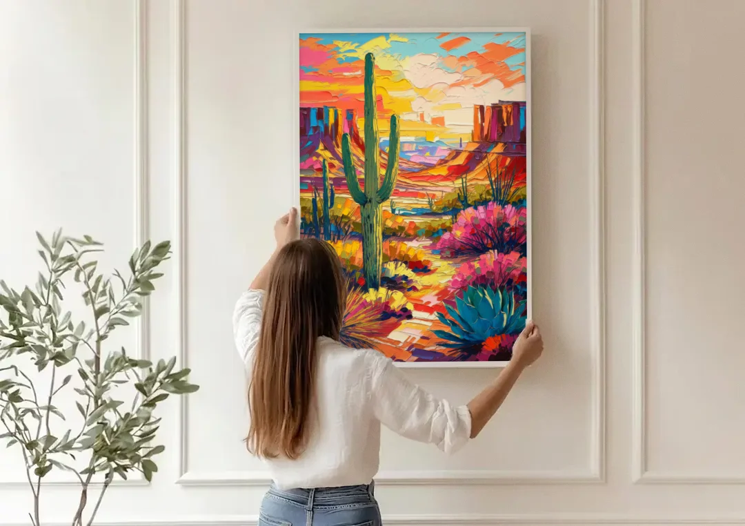 Chandler Vibrant Southwest canvas wall art being hung on a paneled wall