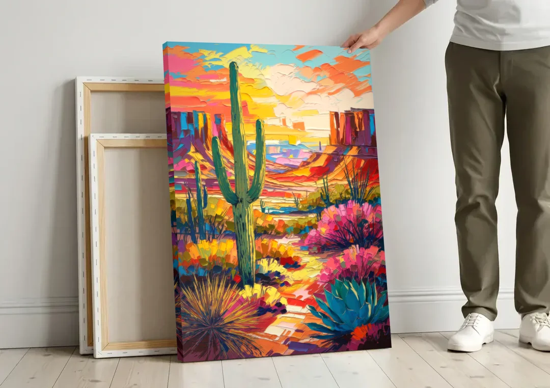 Chandler Vibrant Southwest canvas wall art leaning against a wall next to blank canvases