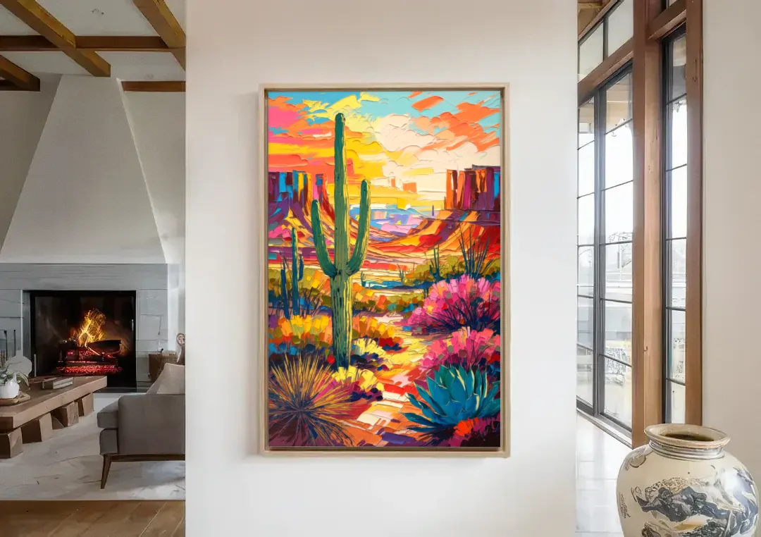 Chandler Vibrant Southwest canvas wall art in a living room with a fireplace