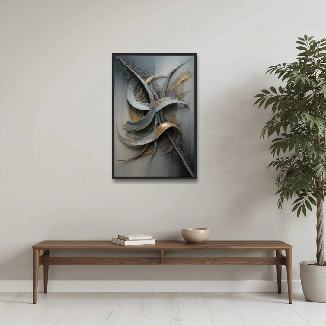 Chaotic Harmony Grey and Silver Abstract - Black Framed Canvas Wall Art - Coffee Table - 24x36