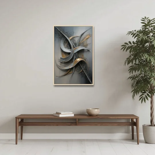 Chaotic Harmony Grey and Silver Abstract - Oak Framed Canvas Wall Art - Coffee Table - 24x36