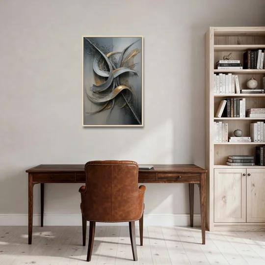 Chaotic Harmony Grey and Silver Abstract - Oak Framed Canvas Wall Art - Office - 24x36