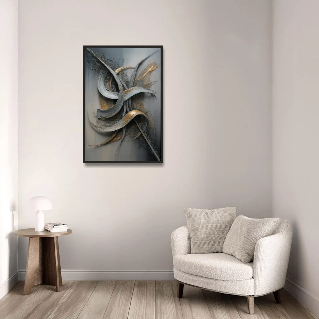 Chaotic Harmony Grey and Silver Abstract - Black Framed Canvas Wall Art - Sofa - 24x36