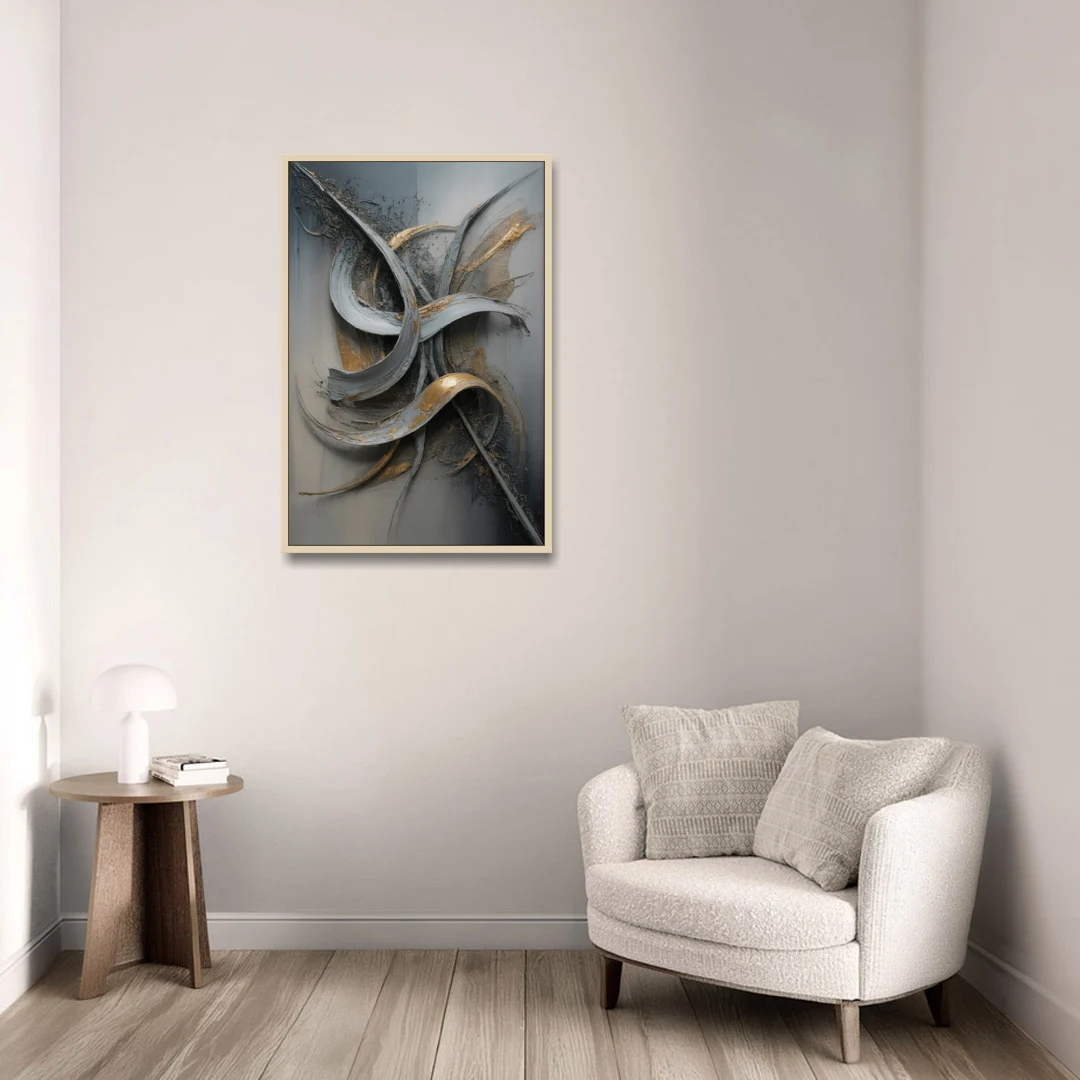 Chaotic Harmony Grey and Silver Abstract - Oak Framed Canvas Wall Art - Sofa - 24x36