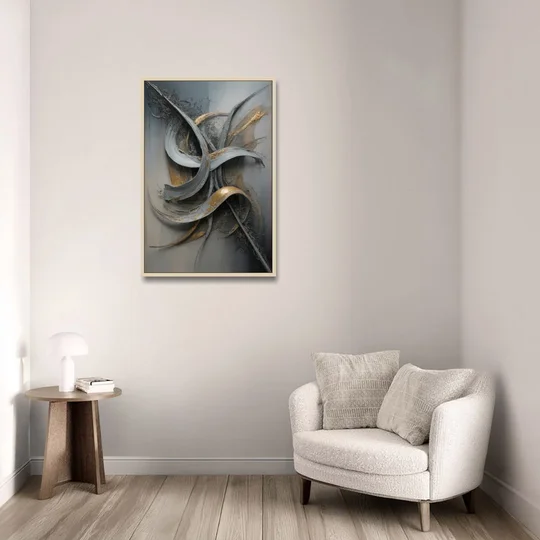 Chaotic Harmony Grey and Silver Abstract - Oak Framed Canvas Wall Art - Sofa - 24x36