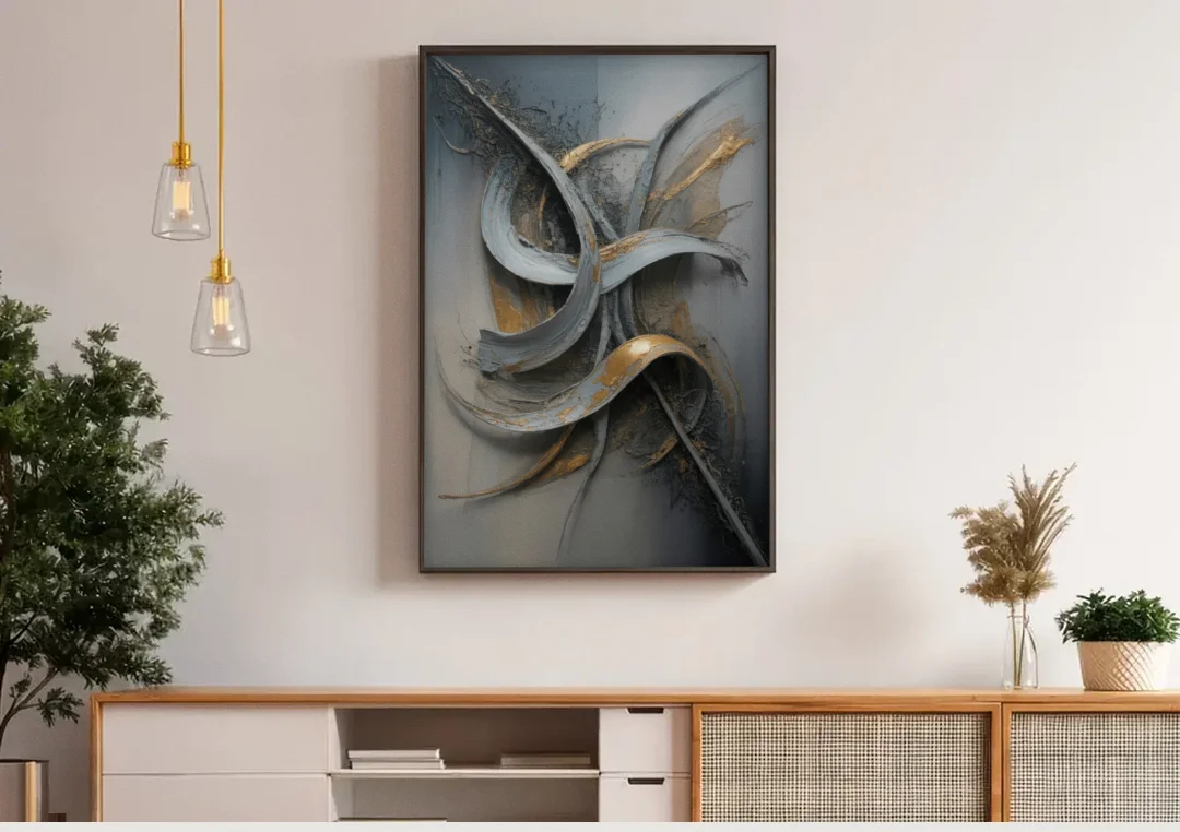 Chaotic Harmony Grey and Silver Abstract canvas wall art above a wooden sideboard under pendant lights