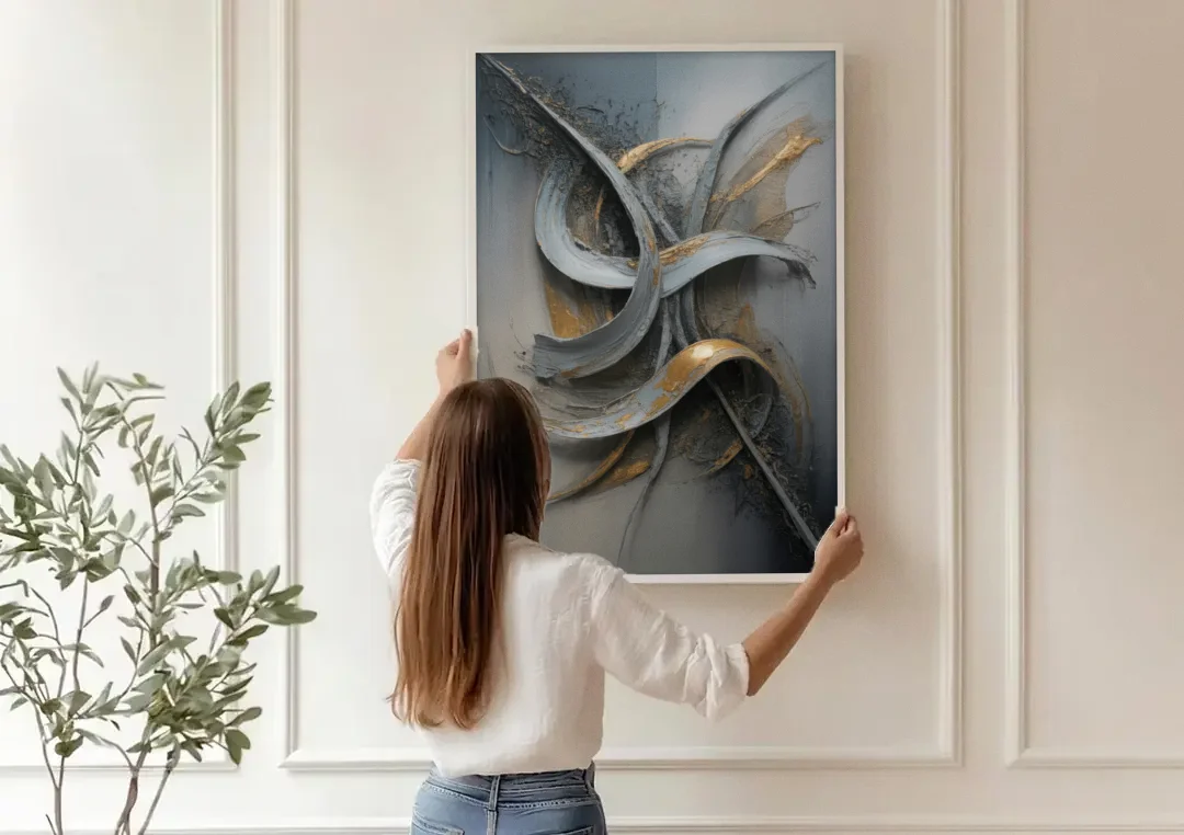 Chaotic Harmony Grey and Silver Abstract canvas wall art being hung on a paneled wall