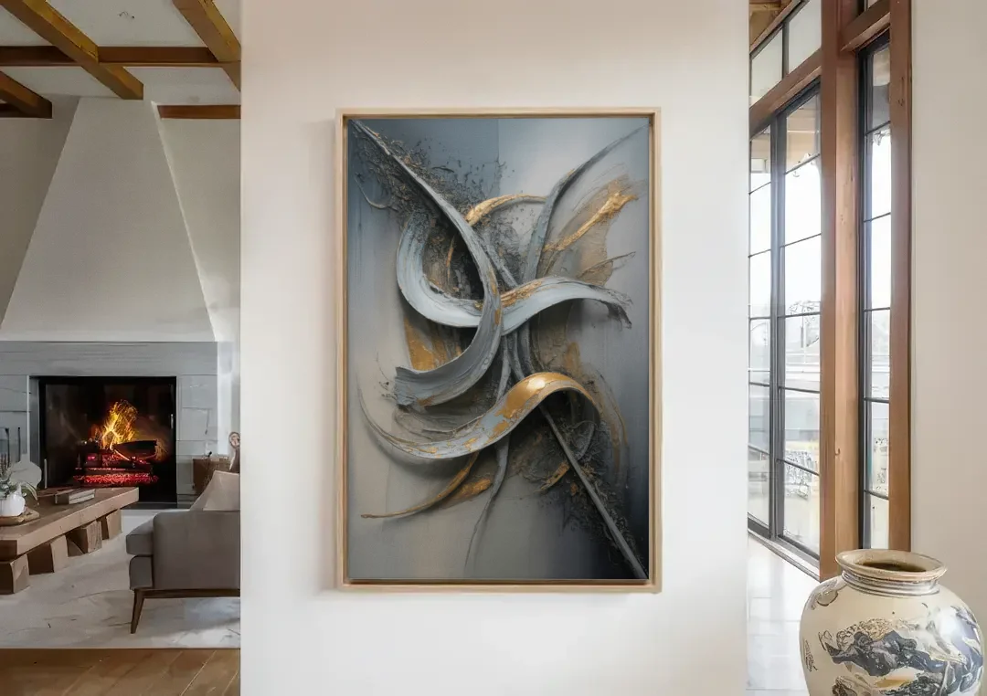 Chaotic Harmony Grey and Silver Abstract canvas wall art in a living room with a fireplace