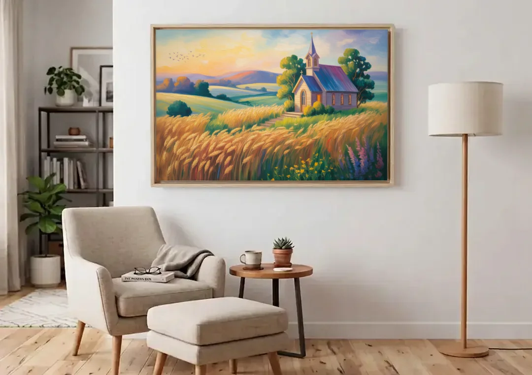 Chapel at Dusk Aesthetic Christian canvas wall art above an armchair in a bright living room