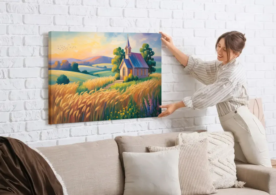Chapel at Dusk Aesthetic Christian canvas wall art being hung on a white brick wall above a sofa