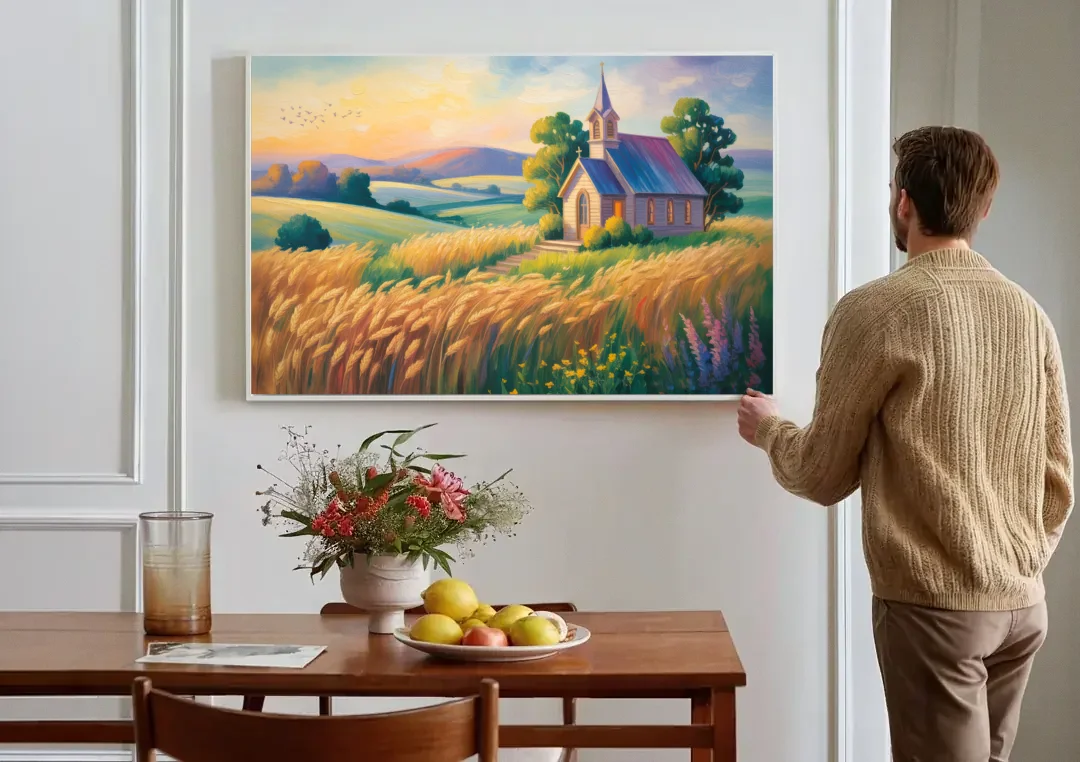 Chapel at Dusk Aesthetic Christian canvas wall art above a dining table