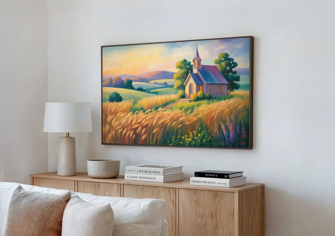 Chapel at Dusk Aesthetic Christian canvas wall art above a wooden sideboard next to a sofa