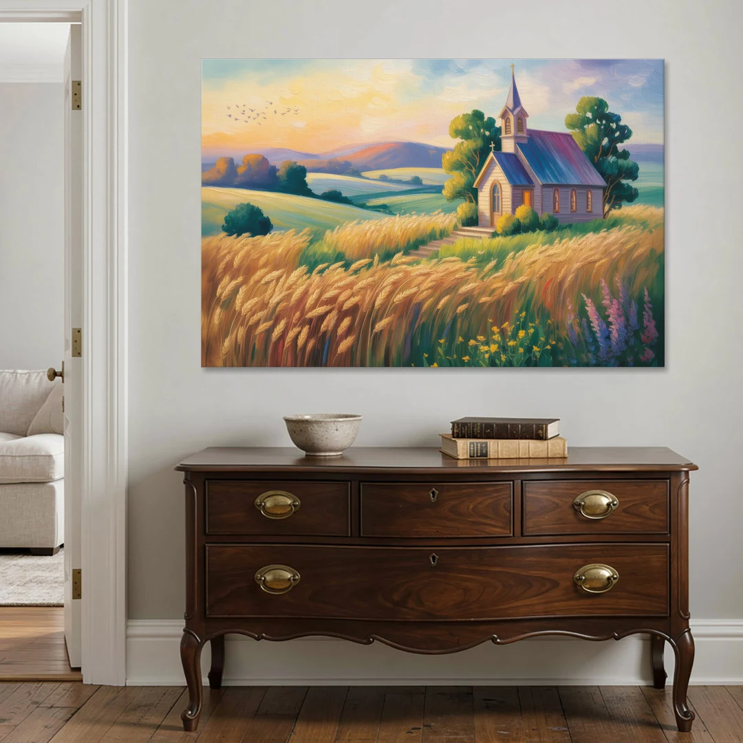 Chapel at Dusk Aesthetic Christian - Canvas Wall Art - Coffee Table - 60x40