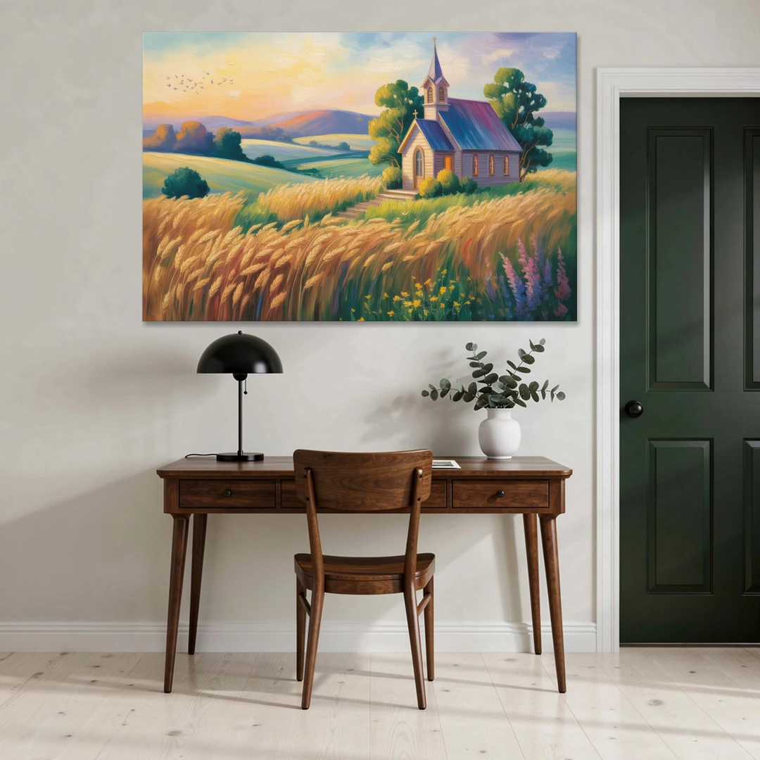 Chapel at Dusk Aesthetic Christian - Canvas Wall Art - Office - 60x40