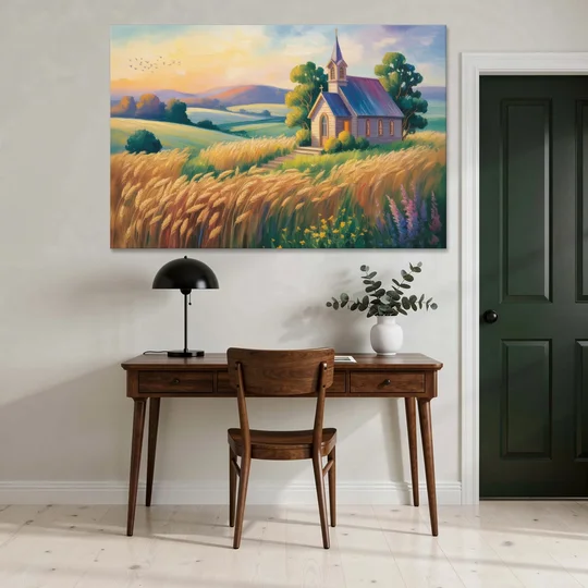 Chapel at Dusk Aesthetic Christian - Canvas Wall Art - Office - 60x40