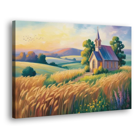 Chapel at Dusk Aesthetic Christian - Canvas Wall Art - Side