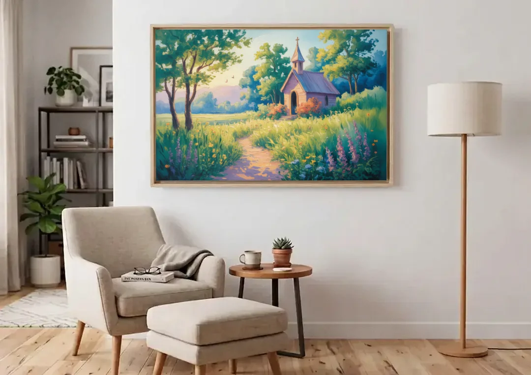 Chapel Serenity Aesthetic Christian canvas wall art above an armchair in a bright living room