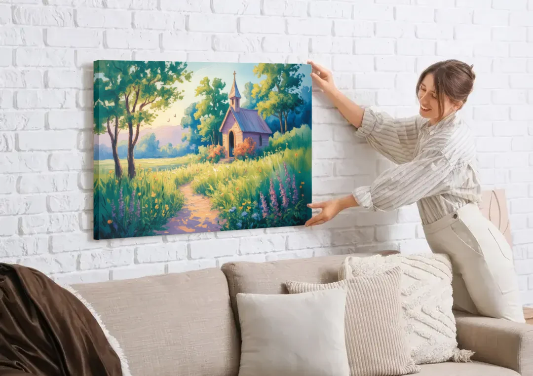 Chapel Serenity Aesthetic Christian canvas wall art being hung on a white brick wall above a sofa