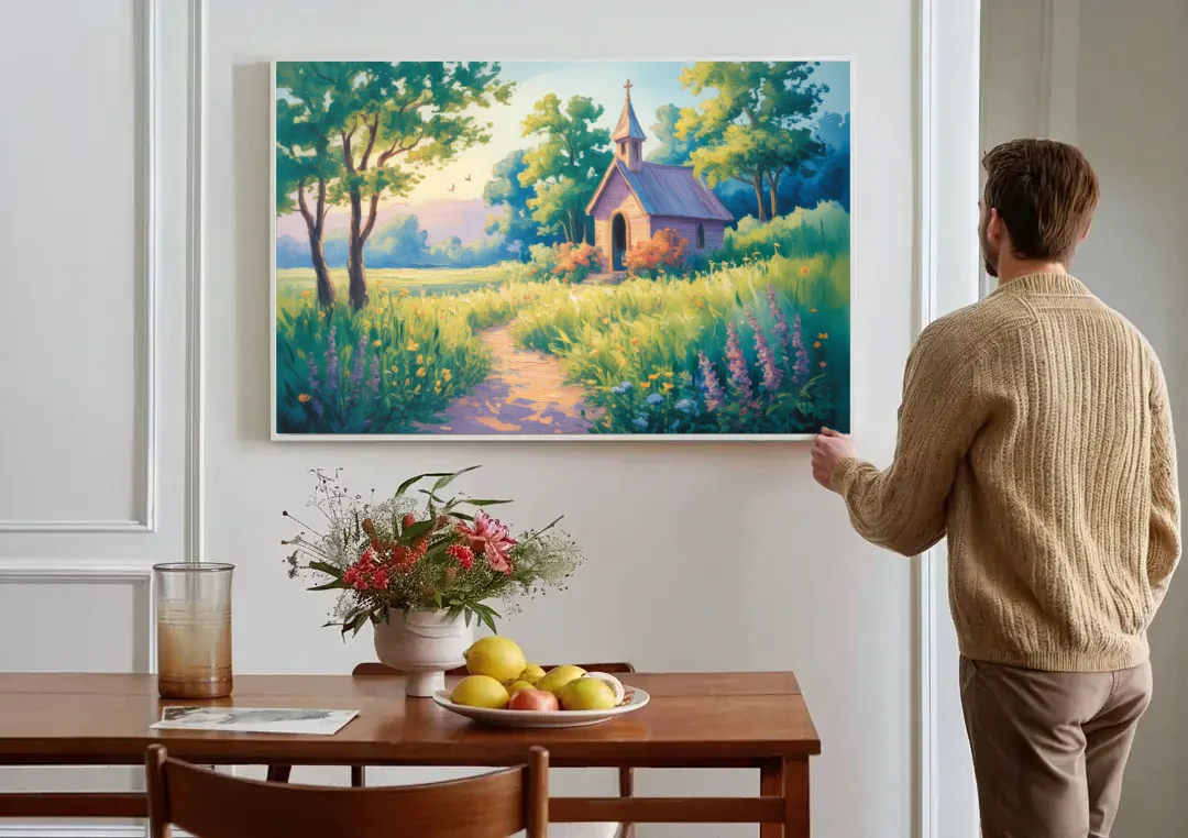 Chapel Serenity Aesthetic Christian canvas wall art above a dining table