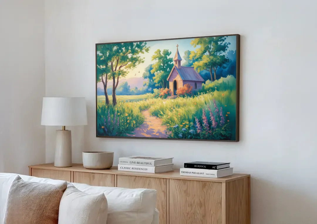 Chapel Serenity Aesthetic Christian canvas wall art above a wooden sideboard next to a sofa