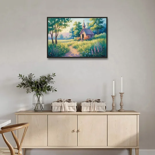 Chapel Serenity Aesthetic Christian - Black Framed Canvas Wall Art - Coffee Table - 36x24