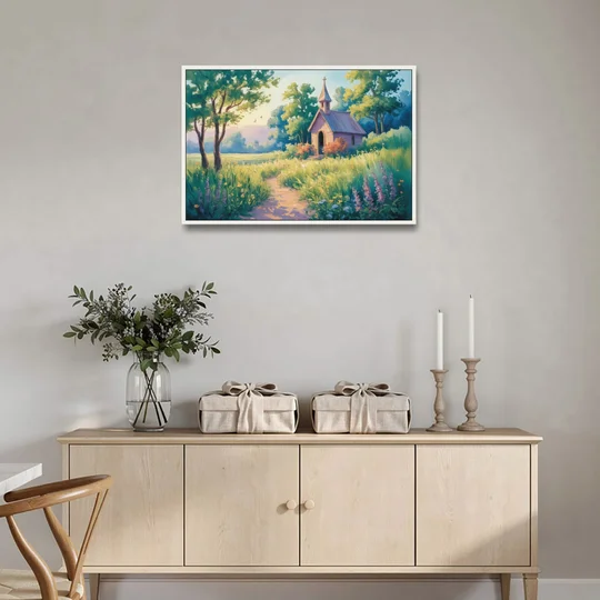Chapel Serenity Aesthetic Christian - White Framed Canvas Wall Art - Coffee Table - 36x24