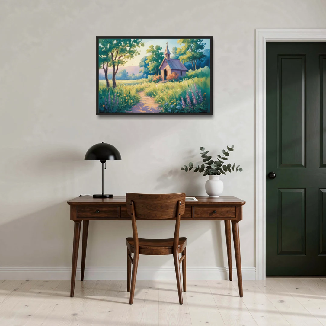 Chapel Serenity Aesthetic Christian - Black Framed Canvas Wall Art - Office - 36x24