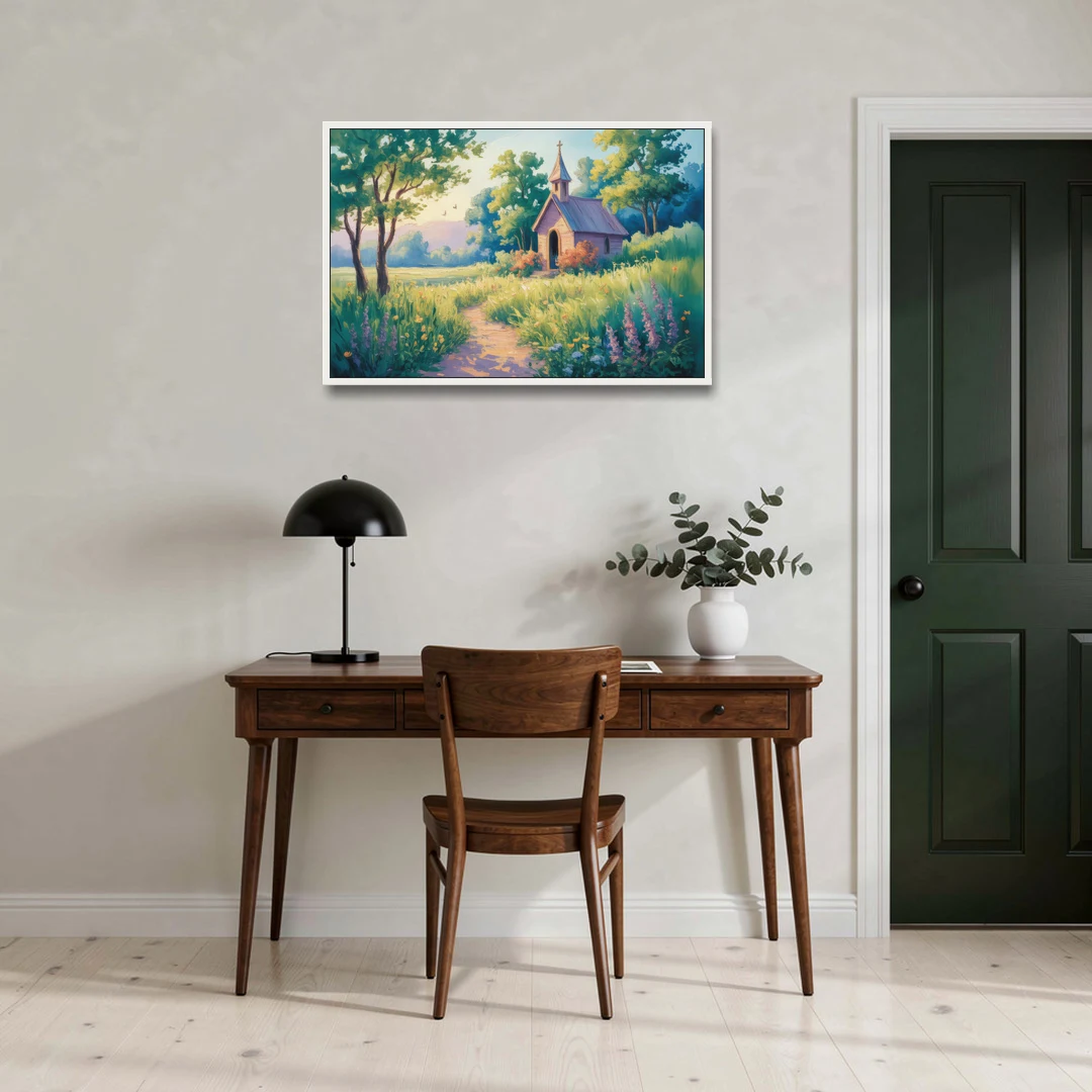 Chapel Serenity Aesthetic Christian - White Framed Canvas Wall Art - Office - 36x24