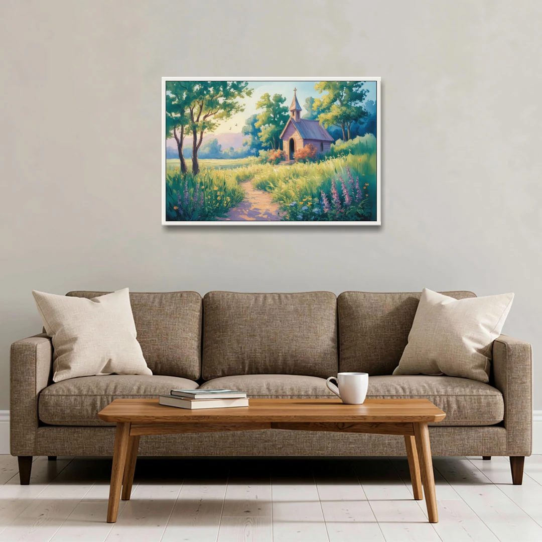Chapel Serenity Aesthetic Christian - White Framed Canvas Wall Art - Sofa - 36x24