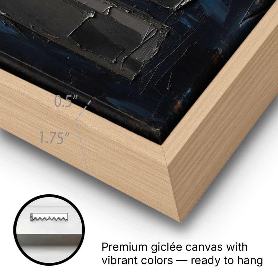 Charcoal Abstract Painting of Three Monoliths - Oak Framed Canvas Wall Art - Gallery Wrap Corner
