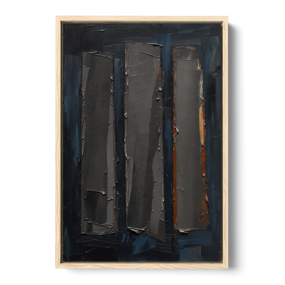 Charcoal Abstract Painting of Three Monoliths - Oak Framed Canvas Wall Art - Front