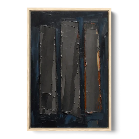 Charcoal Abstract Painting of Three Monoliths - Oak Framed Canvas Wall Art - Front