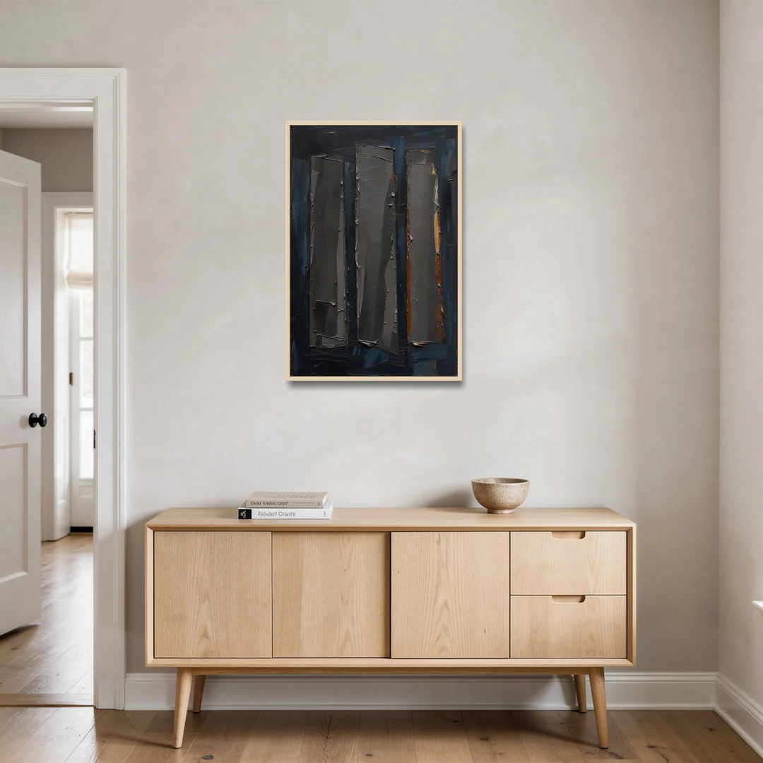 Charcoal Abstract Painting of Three Monoliths - Oak Framed Canvas Wall Art - Coffee Table - 24x36