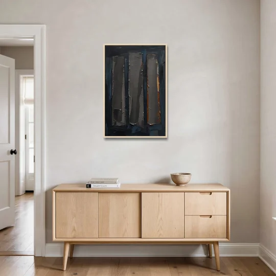 Charcoal Abstract Painting of Three Monoliths - Oak Framed Canvas Wall Art - Coffee Table - 24x36