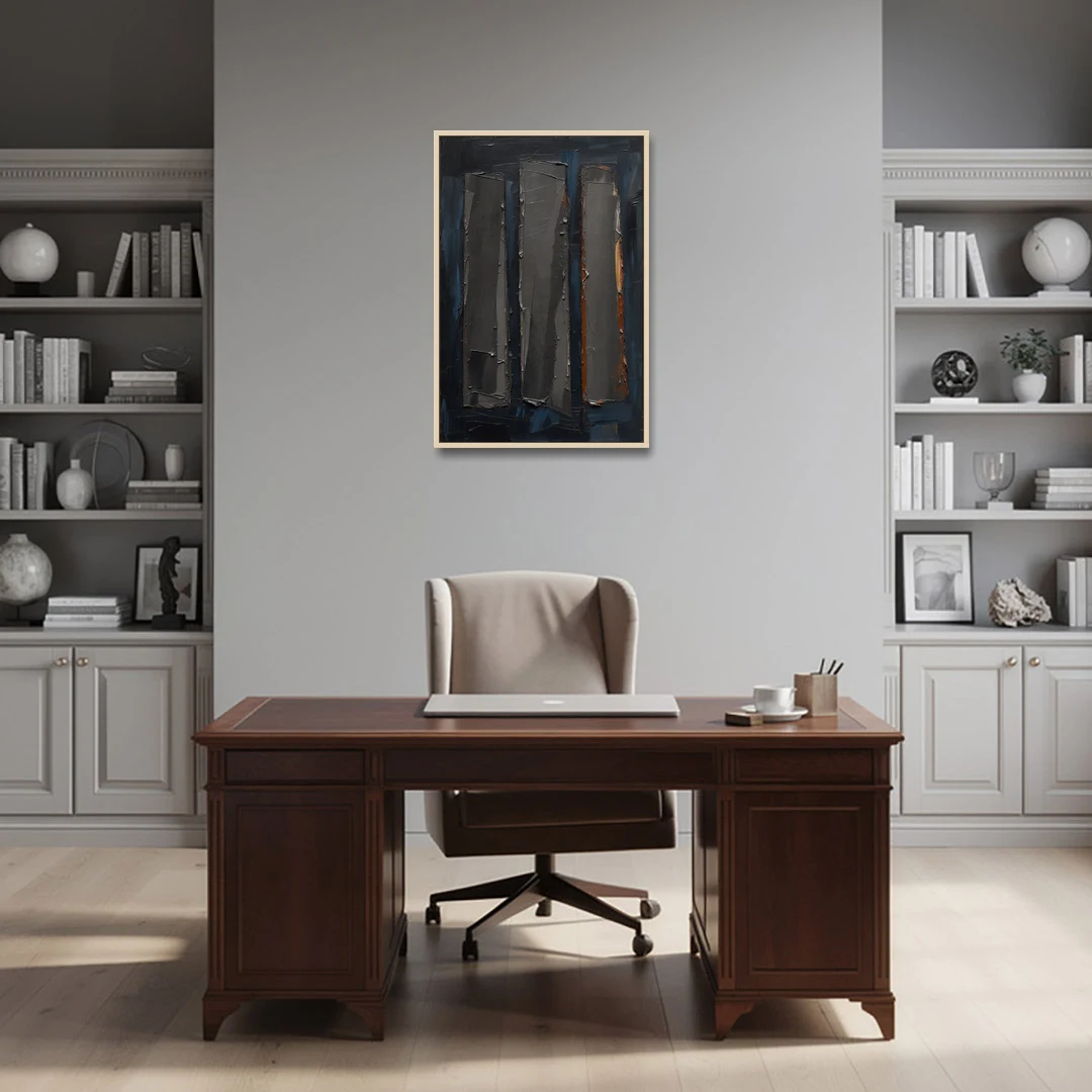 Charcoal Abstract Painting of Three Monoliths - Oak Framed Canvas Wall Art - Office - 24x36