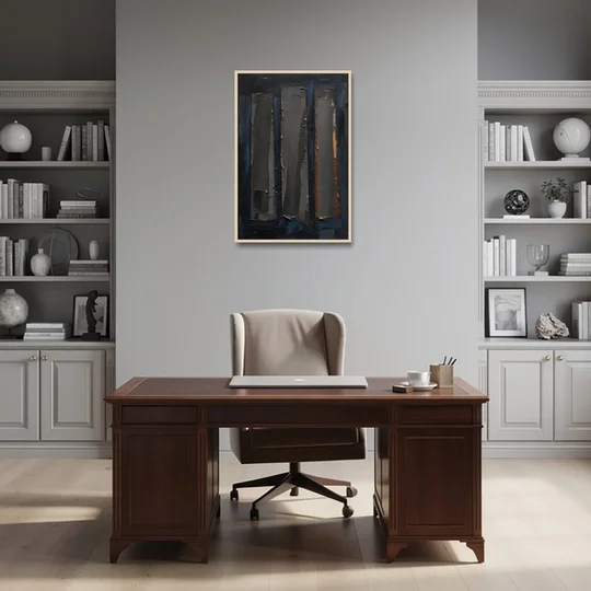 Charcoal Abstract Painting of Three Monoliths - Oak Framed Canvas Wall Art - Office - 24x36