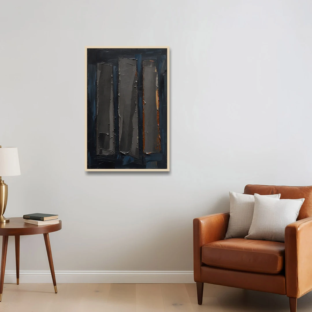 Charcoal Abstract Painting of Three Monoliths - Oak Framed Canvas Wall Art - Sofa - 24x36