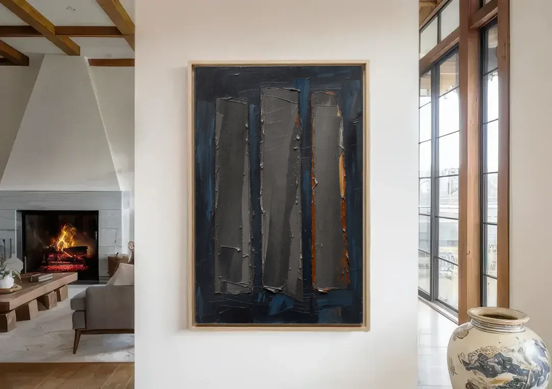 Charcoal Abstract Painting of Three Monoliths canvas wall art in a living room with a fireplace
